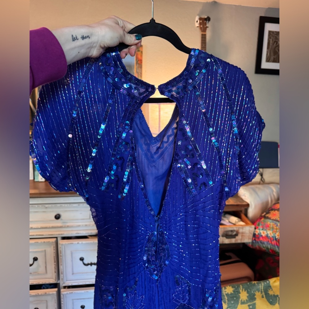Vintage Scala Stunning Blue Sequin Silk Mini Dress - Picture 6 of 12